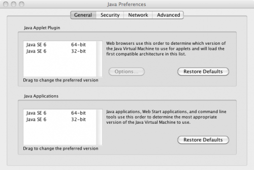 Mac OS X 10.5, 10.6 の Java Preferences ウインドウ