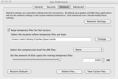 Mac OS X 10.5, 10.6 の Java Preferences ウインドウ Network タブ